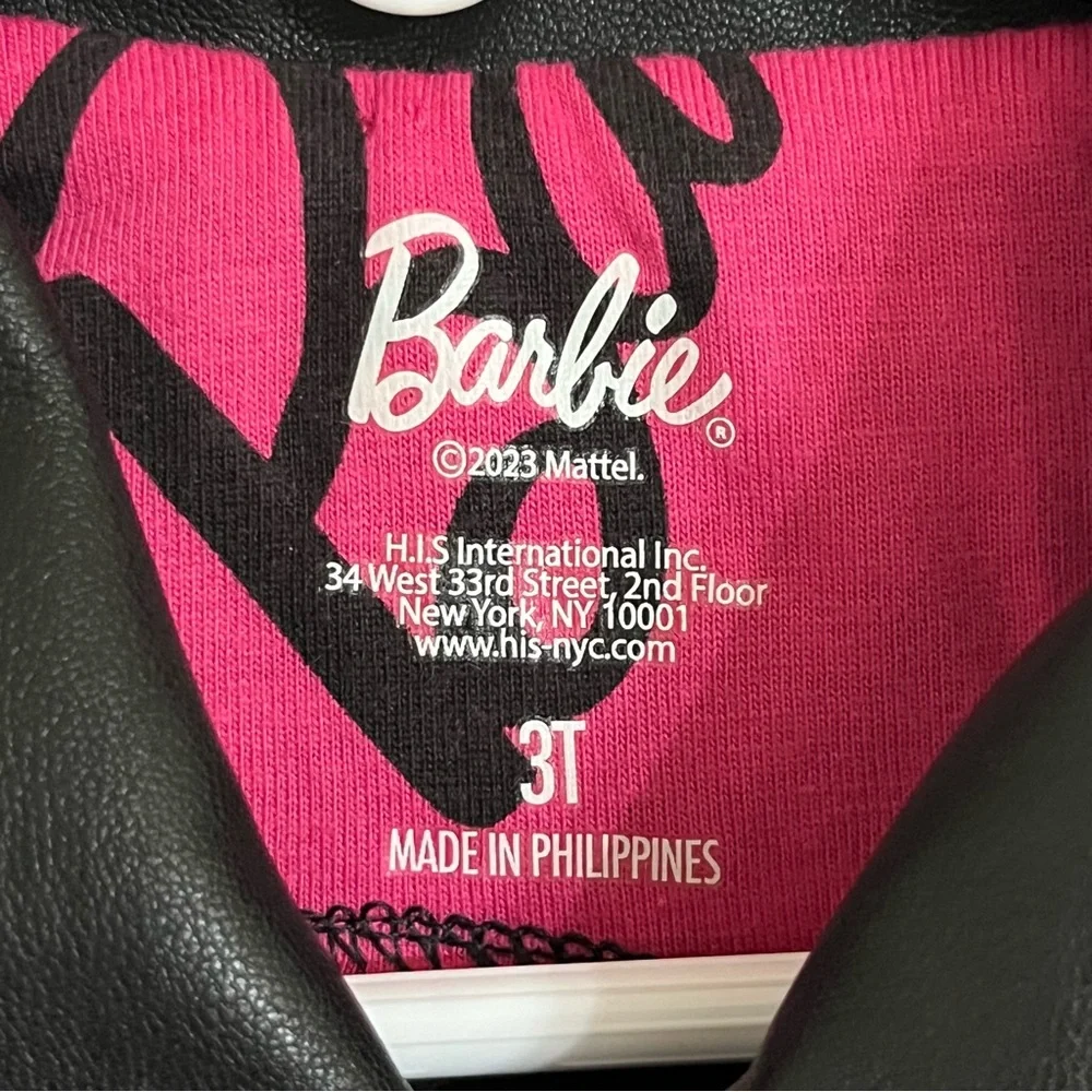 Barbie Girls‎ Black Faux Leather Moto Jacket Pink Logo 3T Trucker Coat Mattel